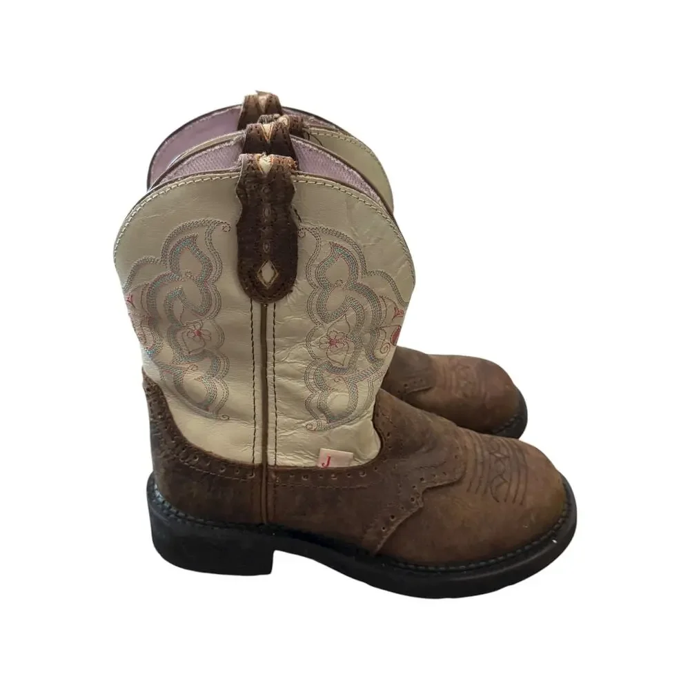 Justin Kids Western Cowboy Boots Brown Cream Embroidered Leather Size 7B